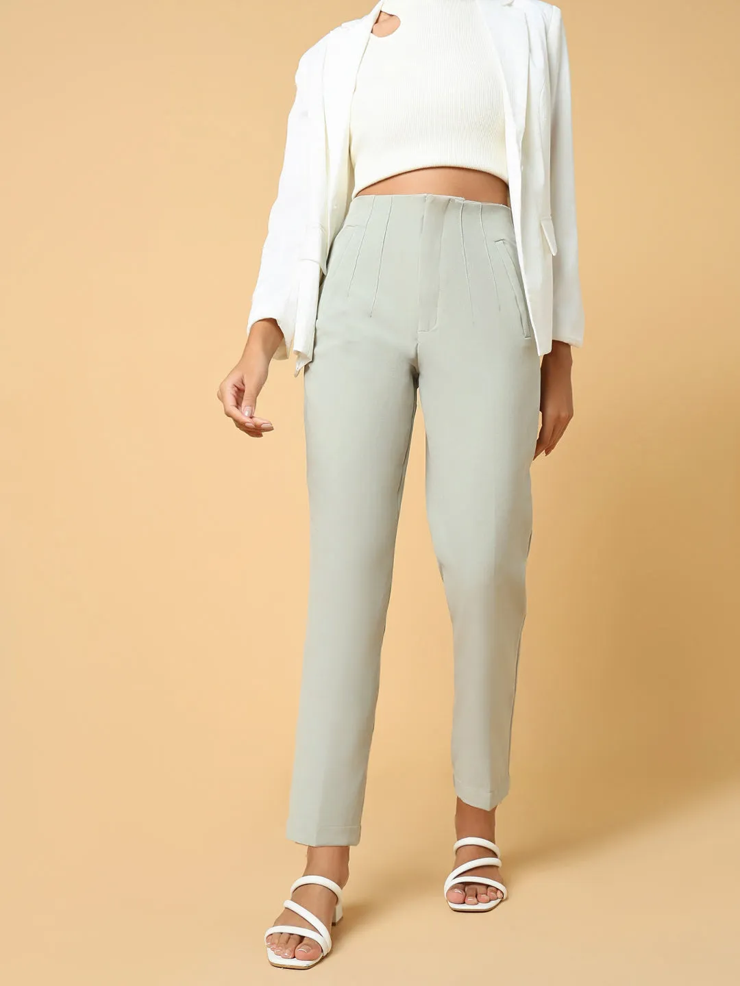 Women Sea Green Comfort Slim Fit Pleated Trousers