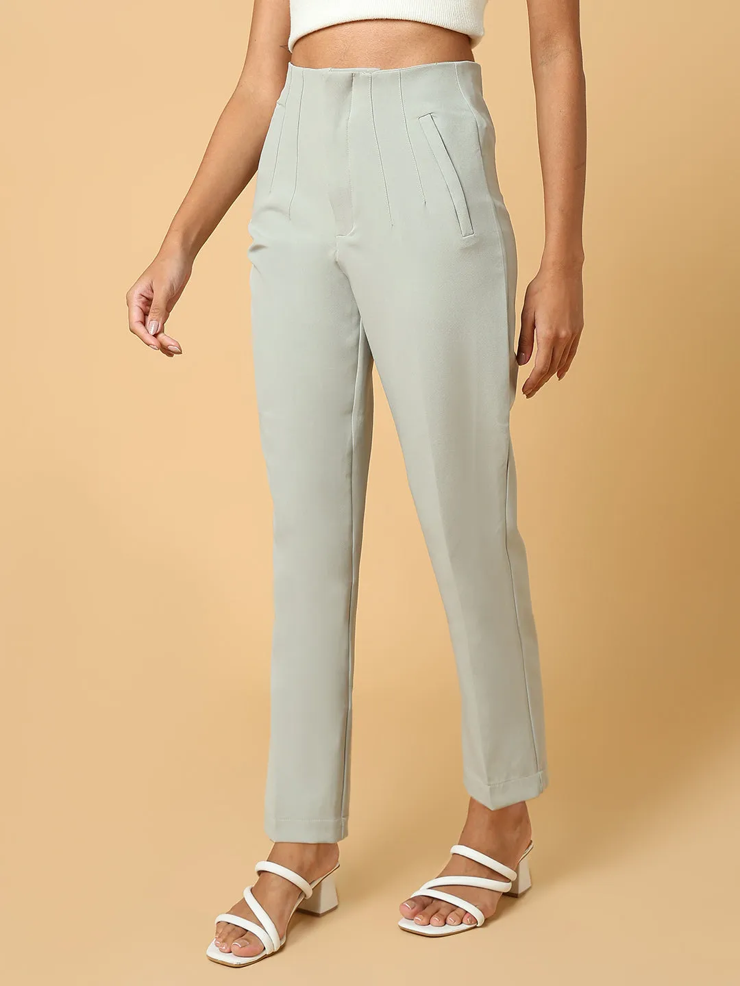 Women Sea Green Comfort Slim Fit Pleated Trousers