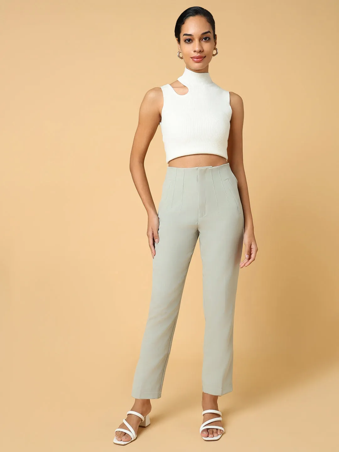 Women Sea Green Comfort Slim Fit Pleated Trousers