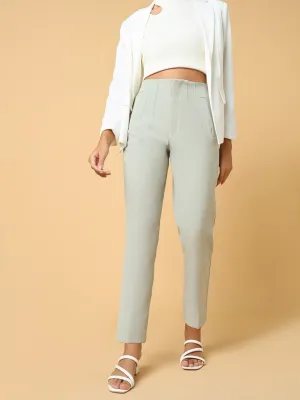 Women Sea Green Comfort Slim Fit Pleated Trousers