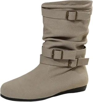 Womens Casual Western Boots Mid Calf Boots for Women Ladies British Fashion Suede Pleated Round Toe Casual Boots
