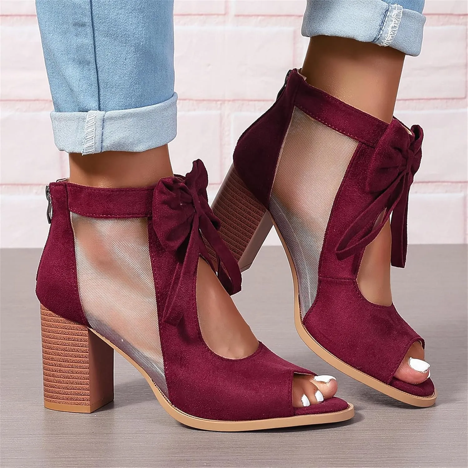 Womens Chunky High Heel Sandals Ankle Strap Open Toe Dress Shoes Cut Out Mesh Bows Strappy Sandals High Block Heels Peep Toe Summer Ankle Boots Fish Mouth Fashion Breathable Dressy Booties Shoes