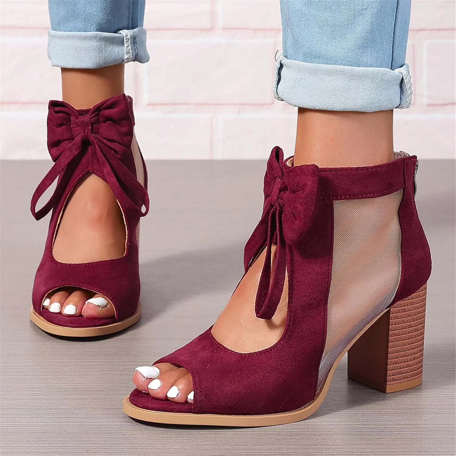 Womens Chunky High Heel Sandals Ankle Strap Open Toe Dress Shoes Cut Out Mesh Bows Strappy Sandals High Block Heels Peep Toe Summer Ankle Boots Fish Mouth Fashion Breathable Dressy Booties Shoes