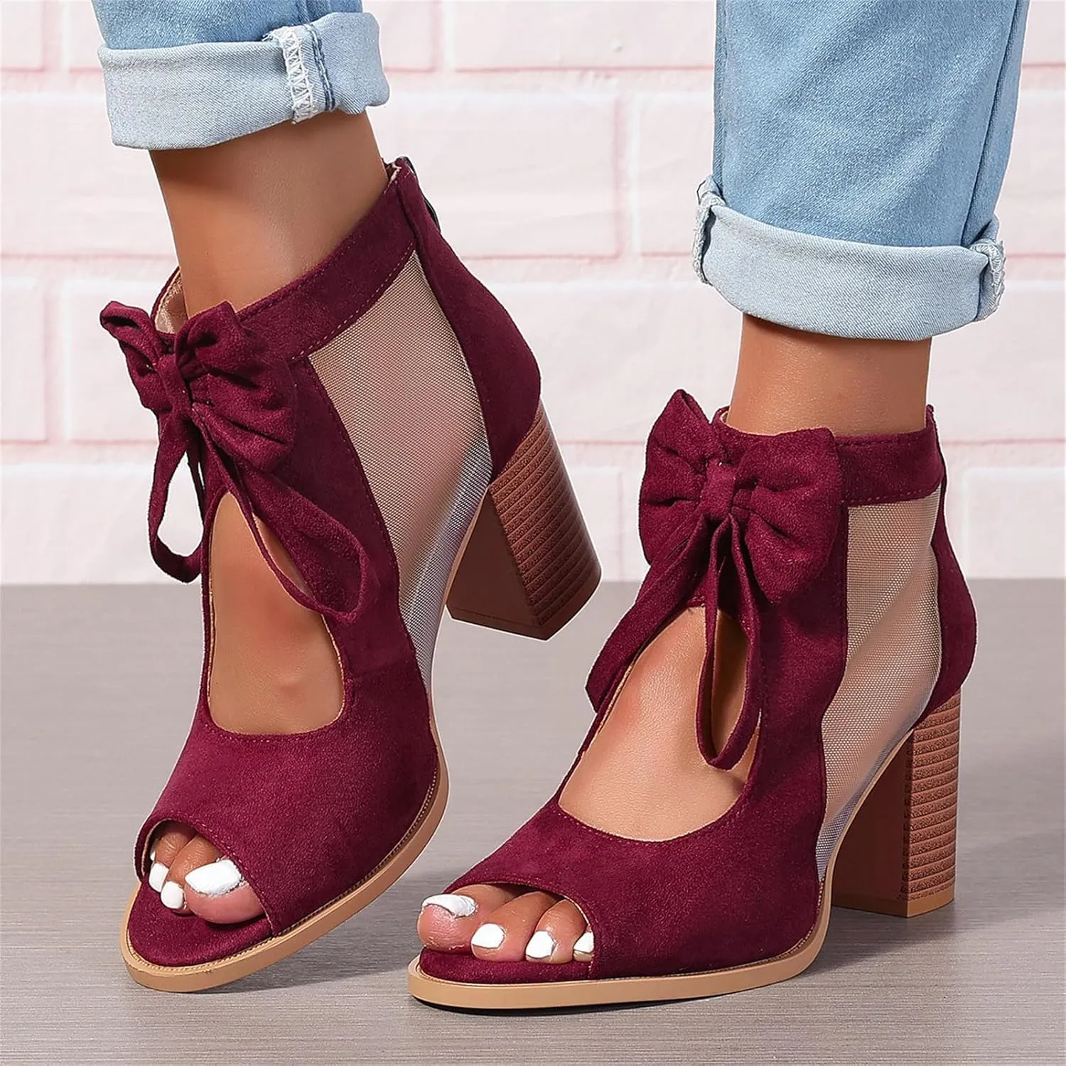 Womens Chunky High Heel Sandals Ankle Strap Open Toe Dress Shoes Cut Out Mesh Bows Strappy Sandals High Block Heels Peep Toe Summer Ankle Boots Fish Mouth Fashion Breathable Dressy Booties Shoes
