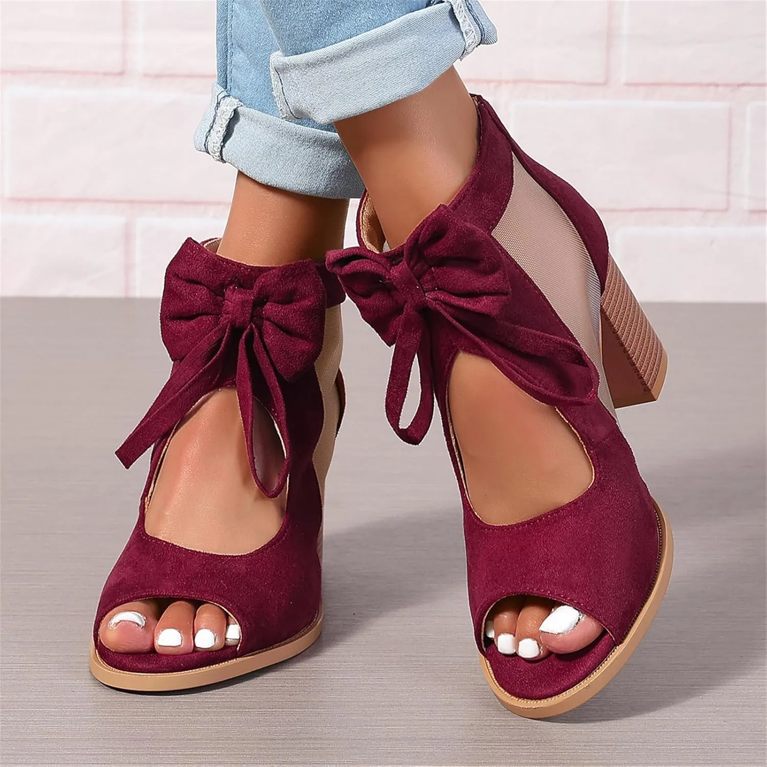 Womens Chunky High Heel Sandals Ankle Strap Open Toe Dress Shoes Cut Out Mesh Bows Strappy Sandals High Block Heels Peep Toe Summer Ankle Boots Fish Mouth Fashion Breathable Dressy Booties Shoes