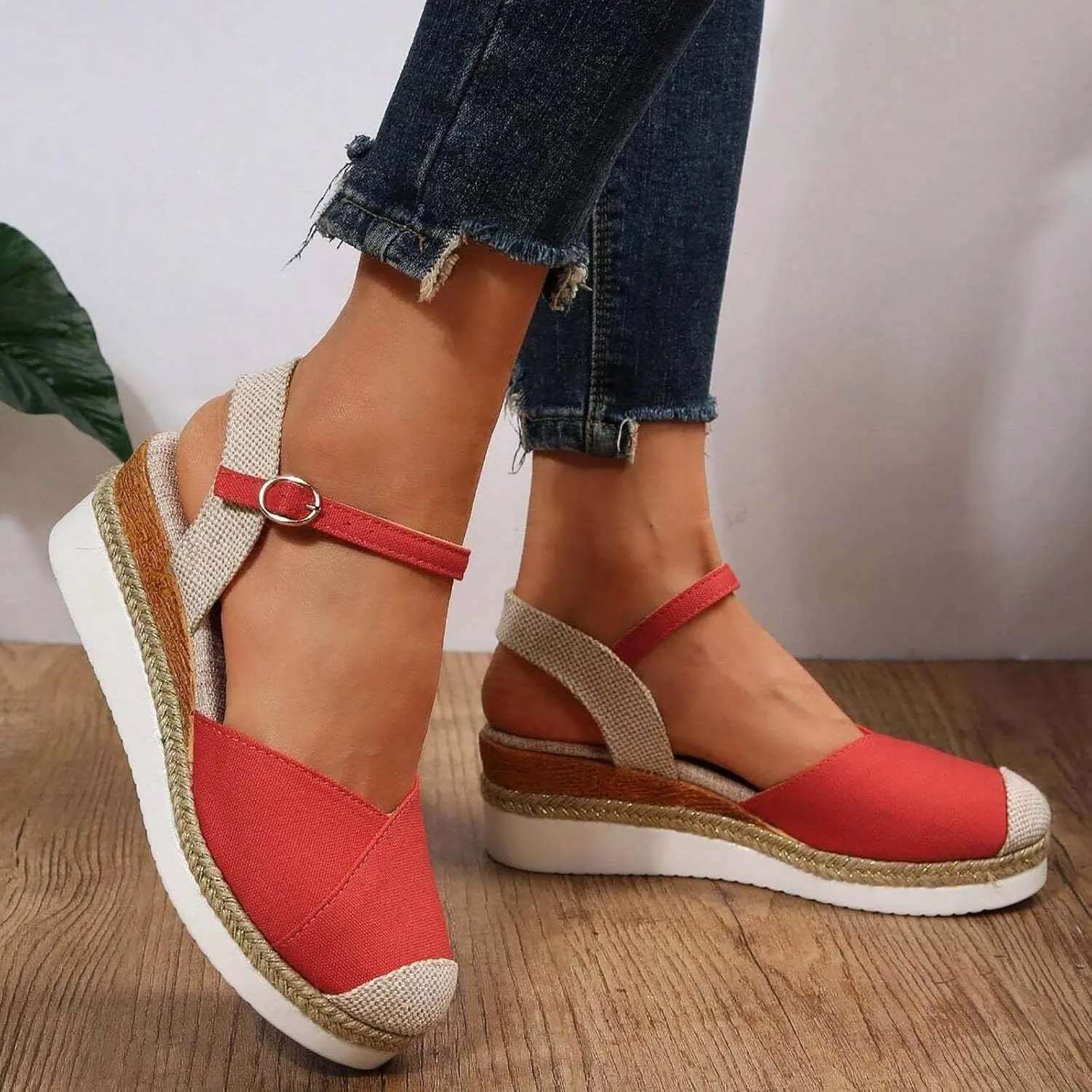 Women's Closed Toe Platform Sandals Summer Buckle Ankle Strap Espadrilles Wedge Sandals Slip On Slingback Dress Comfortable Adjustable Roman Sandal Beach Going Out Work Office Fashion Espadrille Shoes