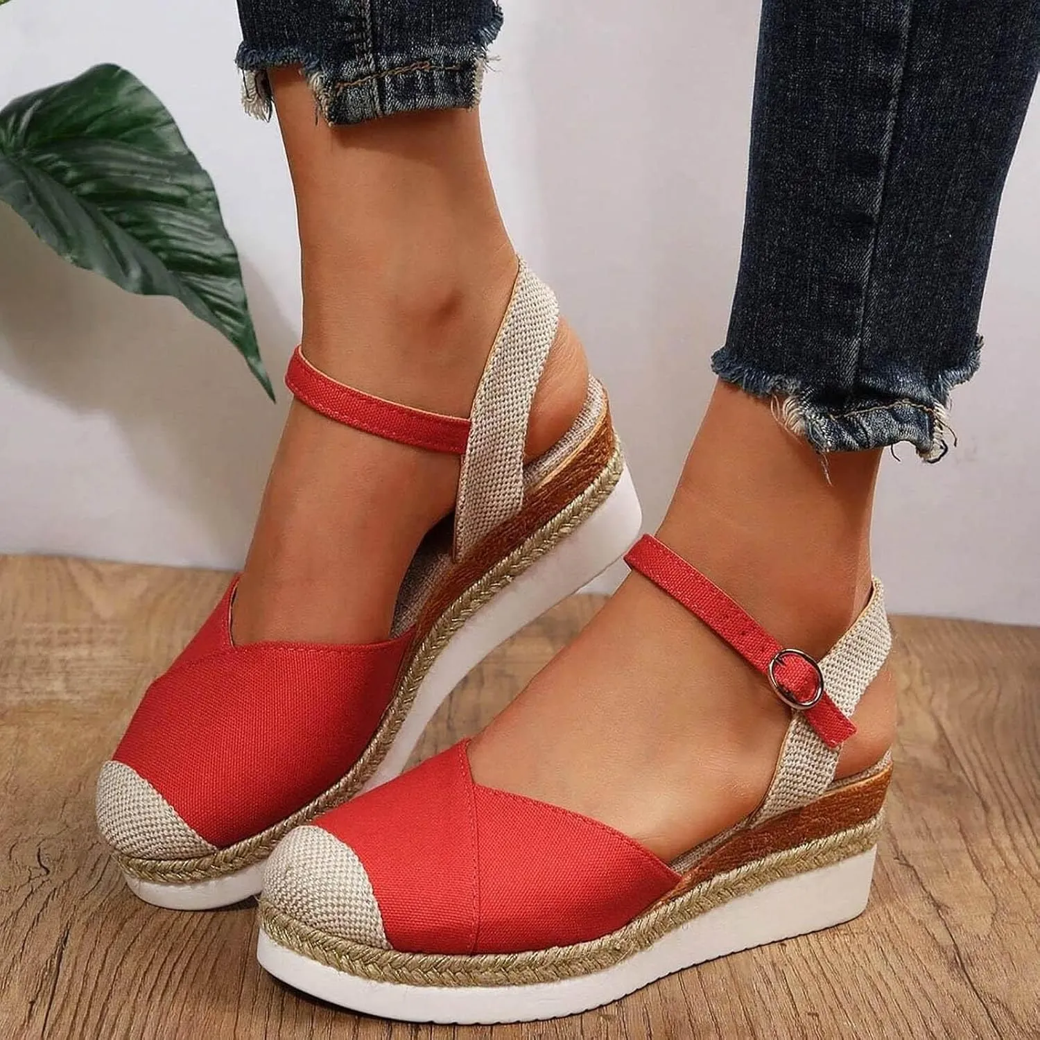 Women's Closed Toe Platform Sandals Summer Buckle Ankle Strap Espadrilles Wedge Sandals Slip On Slingback Dress Comfortable Adjustable Roman Sandal Beach Going Out Work Office Fashion Espadrille Shoes