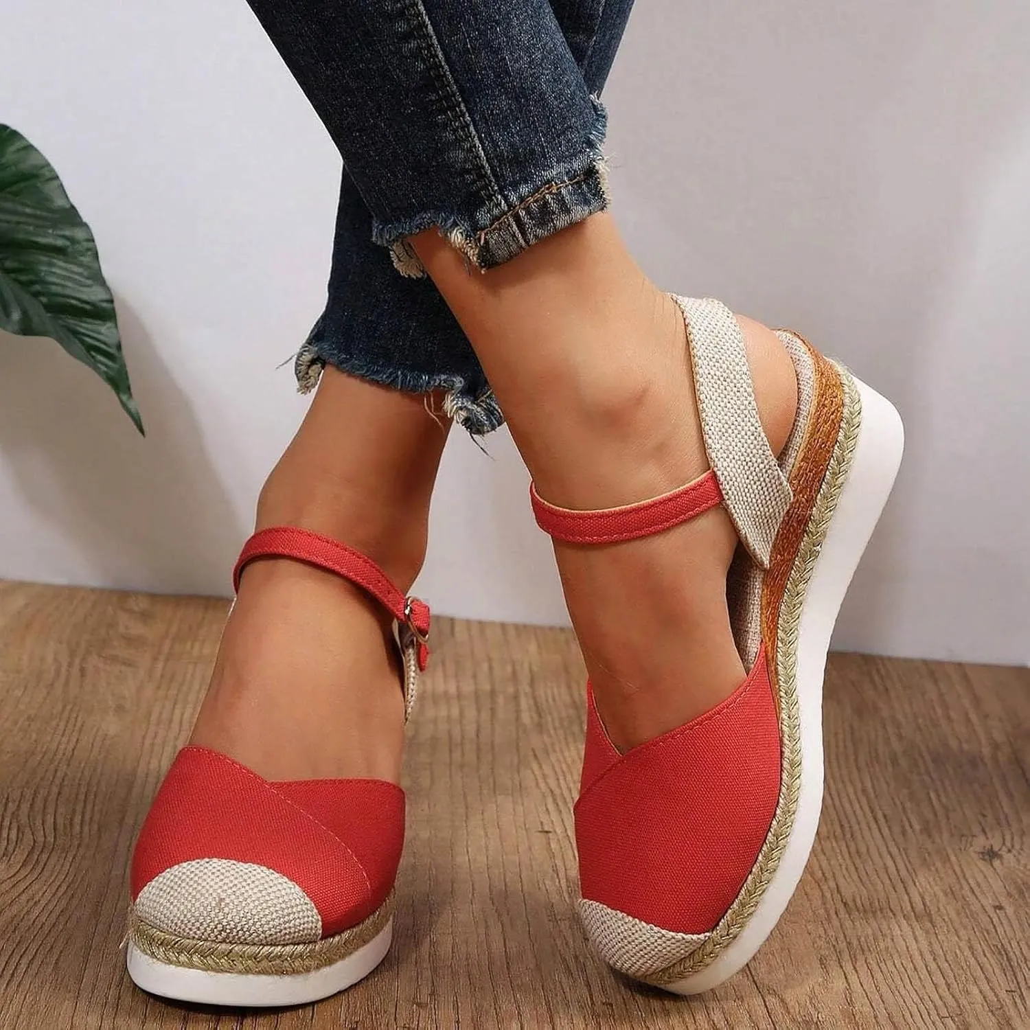 Women's Closed Toe Platform Sandals Summer Buckle Ankle Strap Espadrilles Wedge Sandals Slip On Slingback Dress Comfortable Adjustable Roman Sandal Beach Going Out Work Office Fashion Espadrille Shoes