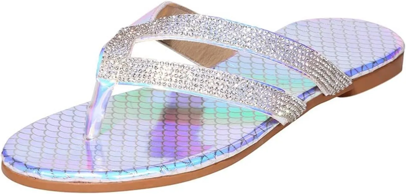 Womens Glitter Flat Sandals Rhinestone Open Toe Slip-On Dress Shoes Comfort Foam Sparkly Dress Flip Flop Summer Comfortable Platform Slides Bohemian Fashion Sandal Slippers