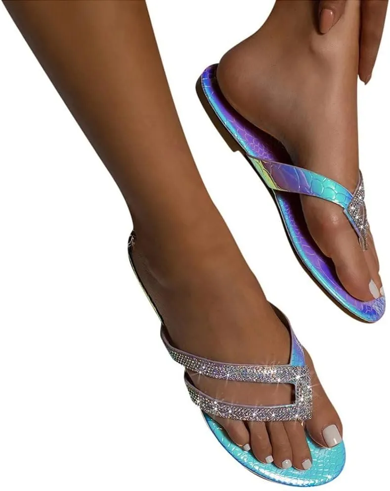 Womens Glitter Flat Sandals Rhinestone Open Toe Slip-On Dress Shoes Comfort Foam Sparkly Dress Flip Flop Summer Comfortable Platform Slides Bohemian Fashion Sandal Slippers
