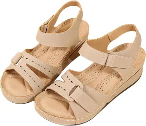 Women's Orthopedic Arch Support Sandals Summer Comfortable Low Heel Wedge Sandals with Adjustable Straps Open Toe Fishmouth Dressy Flat Sandal Platform Beach Walking Casual Slip On Sandal
