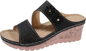 Women's Orthopedic Platform Wedge Sandals Ortho Comfort Strap Flowers Slide Sandals Dressy Summer Comfortable Lightweight Breathable Holes Arch Support Slippers Shock Absorbtion Wedge Shoes