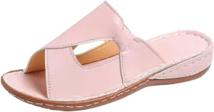Womens Summer Slippers Faux Leather Open Toe Flats Casual Non Slip Shoes Beach Walking Slides Comfortable Wide Width Flats Outdoor Slippers Retro Style