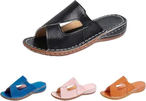 Womens Summer Slippers Faux Leather Open Toe Flats Casual Non Slip Shoes Beach Walking Slides Comfortable Wide Width Flats Outdoor Slippers Retro Style