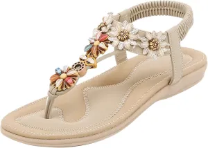 Womens Thong Sandal Bohemia Flowers Party Dress Shoes Elastic Ankle Strap Slip On Casual Beach Wedges Sandal