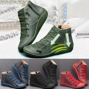 Women's Vintage Casual Short Ankle Boots,Ankle Boots for Women 2025 Arch Support Fashion No Heel Lace Up Side Zipper Retro Leather Booties Comfortable Slip On Flat Shoes Fall Spring Autumn Winter