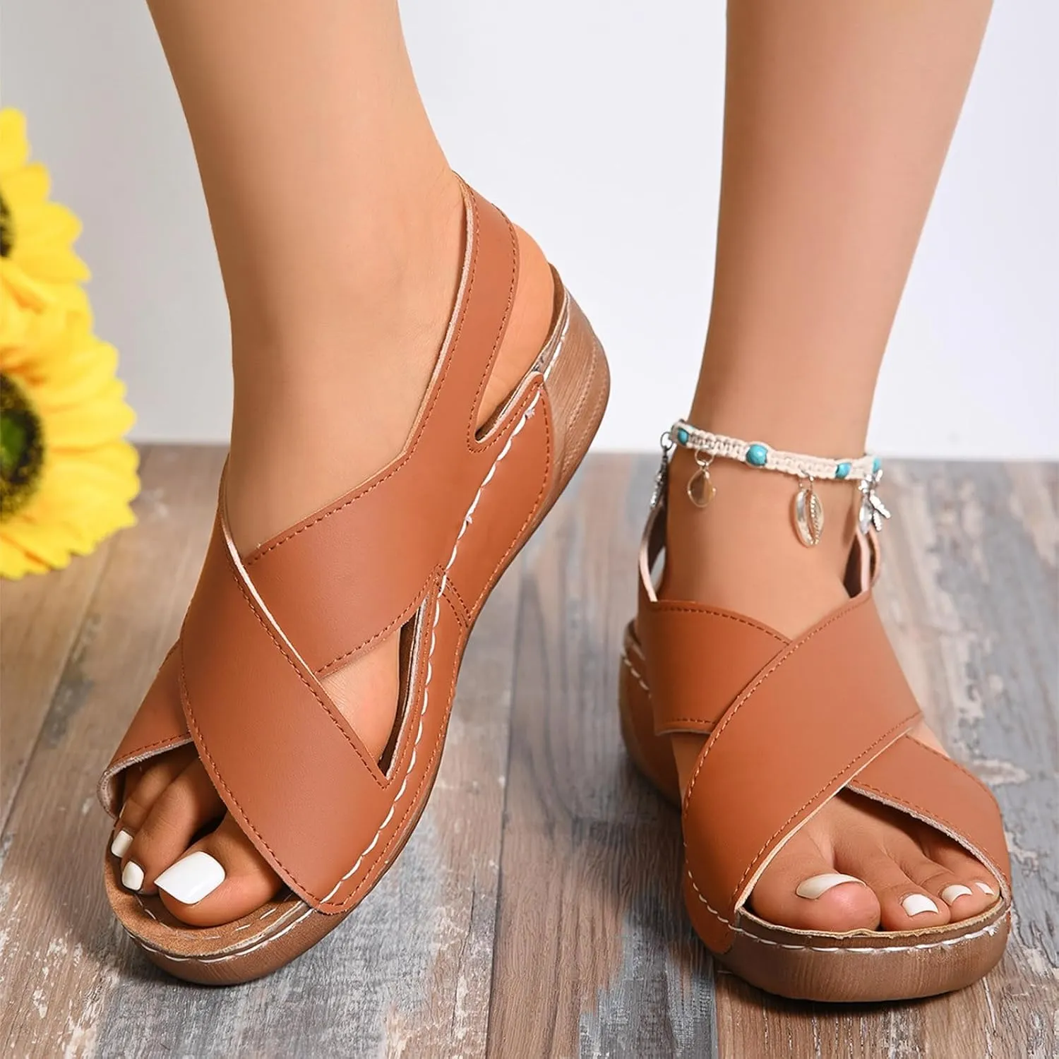 Womens Wedge Sandals Summer Closed Toe for Women Dressy Wedges Crisscross Strap Orthopedic Summer Comfortable with Arch Support Sandal Gladiator Causal Outdoor Beach Athletic Sandal