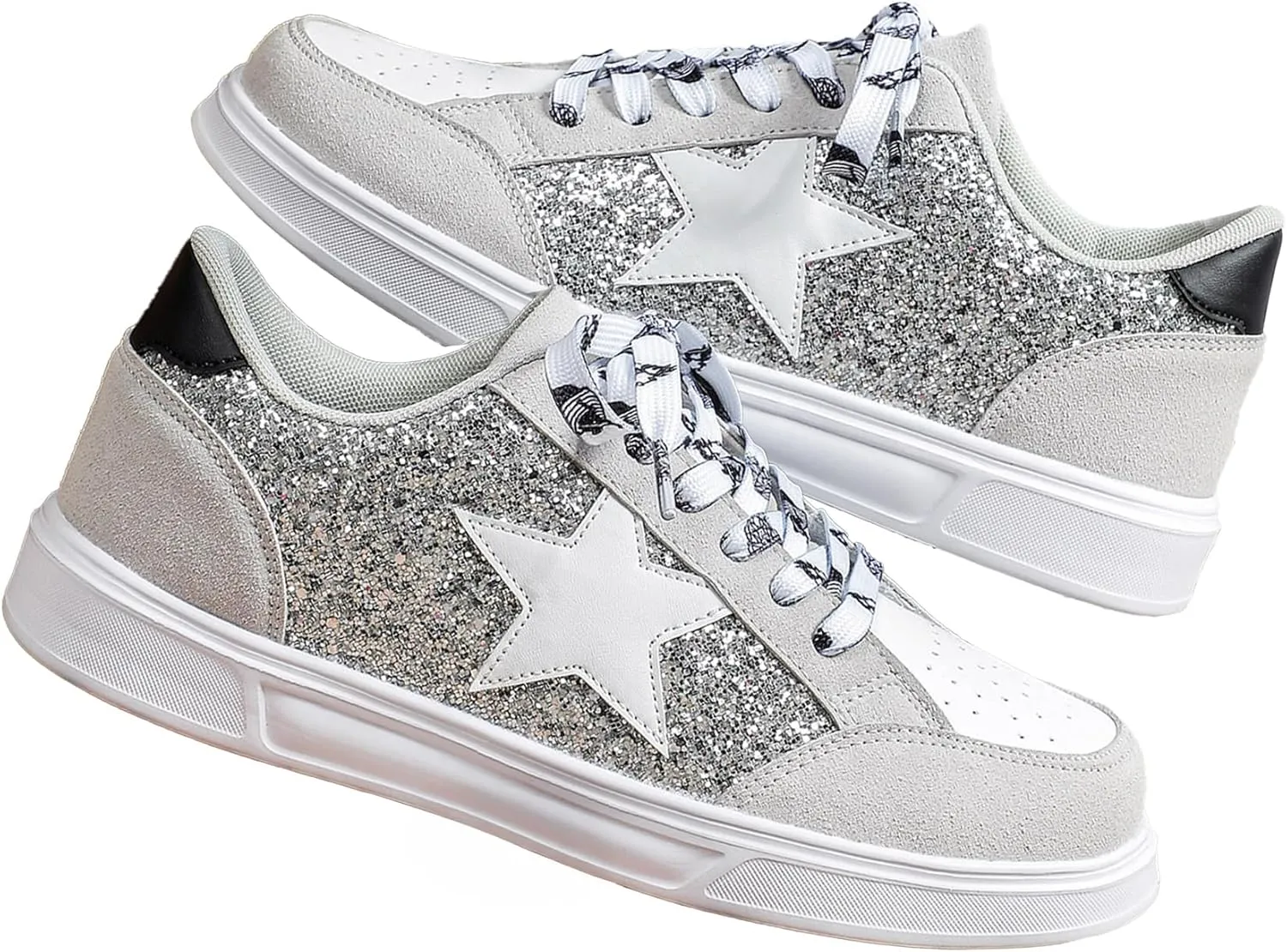 Women's Y2K Star Glitter Chunky Skate Shoes Retro Platform Sneakers, Shiny Outdoor Casual Shoes for Streetwear (Grey,9)